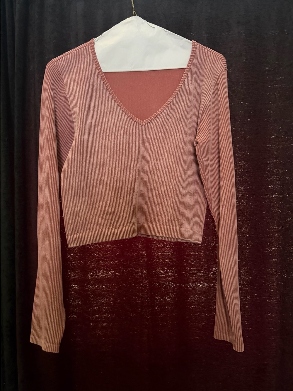 V-Neck Ribbed Long Sleeve Crop Top - Dusty Rose